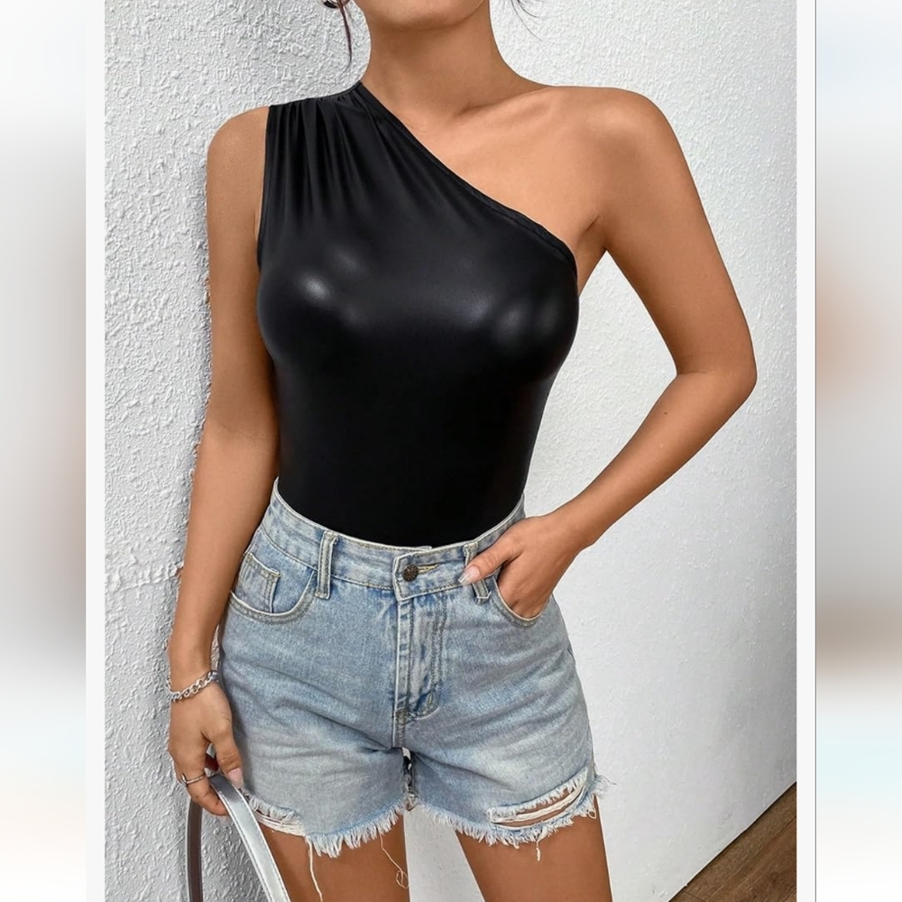 Women's Casual Faux Leather One Shoulder Bodysuit Asymmetrical Neck Sleeveless - Picture 7 of 13